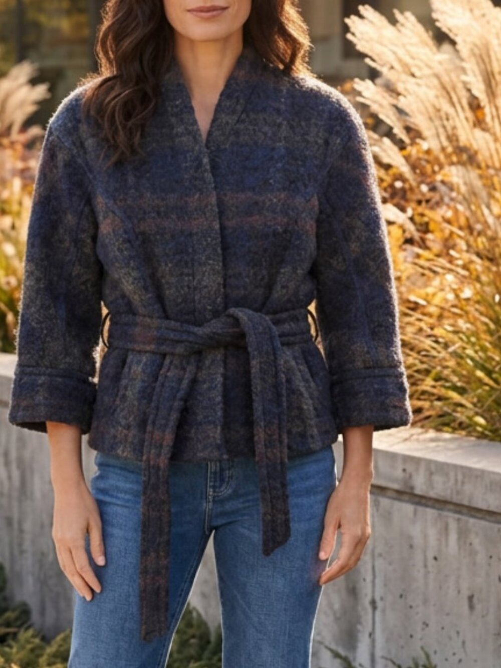 Olsen Europe Cotton/Wool Blend Fall Plaid Belted Collarless Jacket Size 4